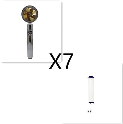 Chrome-finished ABS plastic water-saving shower head with a round, rotating spray head.