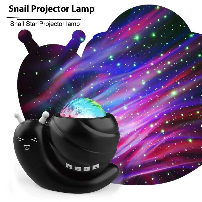 Snail-shaped blue starry sky projection lamp with USB cable and remote control on a table