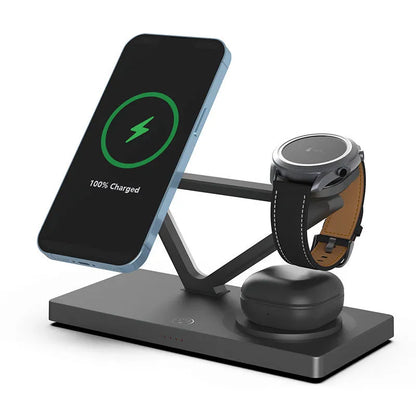 Wireless charging station with magnetic phone bracket, circular charging base and watch dock in black or white