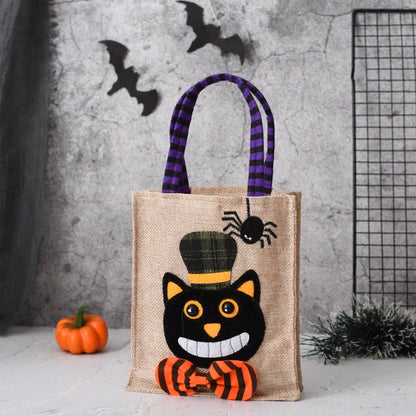 Funny Halloween Candy Tote Bag for Kids featuring witch, skull, and pumpkin designs