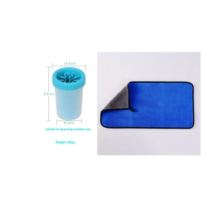 Blue silicone and PP portable dog foot wash barrel for cleaning pet paws.