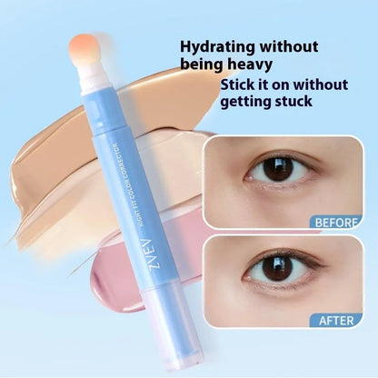 Concealer pen with sponge brush head applicator showing three shade options: brightening, pink flesh, and flesh colour