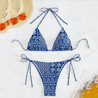 Women's bandage swimsuit with split bikini printing and stitching detail in polyester fabric