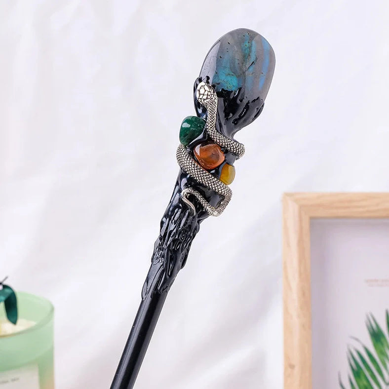 Natural crystal ball magic wand with wooden handle showing labradorite, obsidian, white crystal, or amethyst options