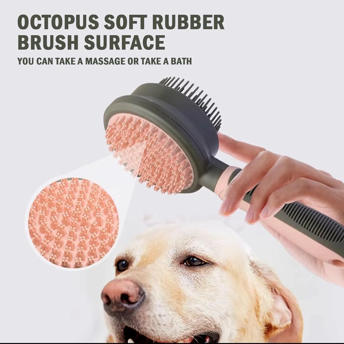 Pink double-sided cat brush with release button showing smooth brush side and flea comb side for grooming indoor cats