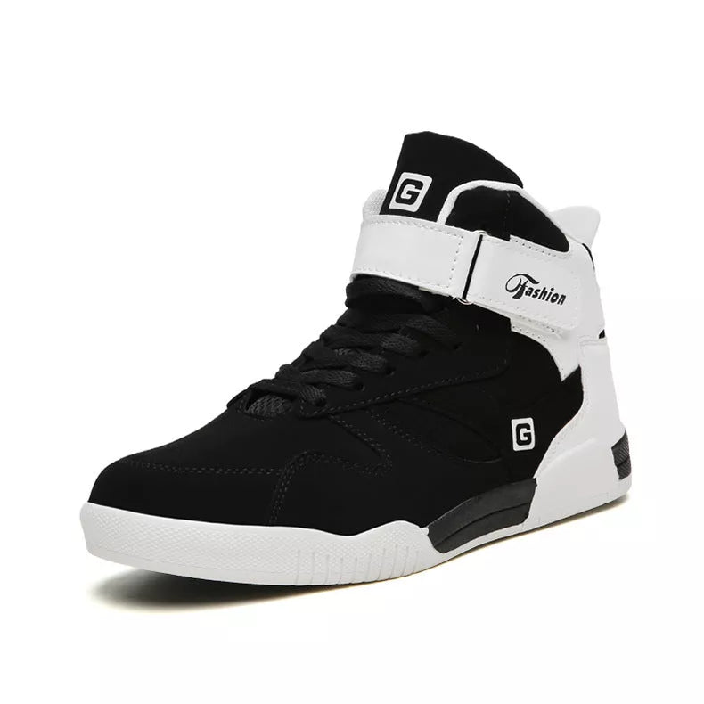 Men's high-top casual sneakers with Velcro closure in black and white colors