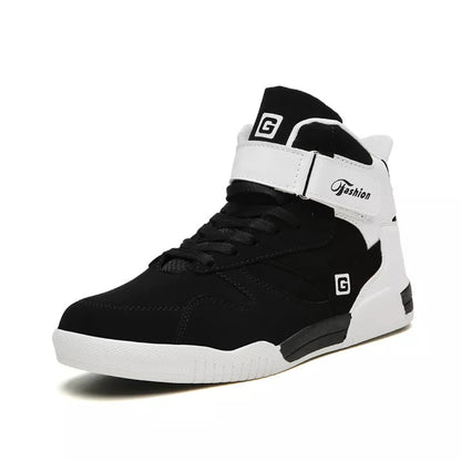 Men's high-top casual sneakers with Velcro closure in black and white colors