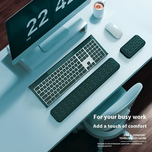 Double-sided memory foam keyboard and mouse desk pad set with gel wrist support pillow.