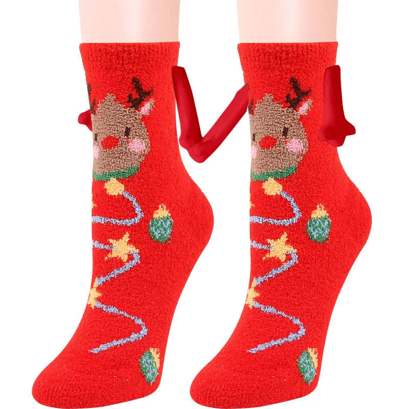 Christmas couple socks with magnetic connection feature and 3D animal patterns