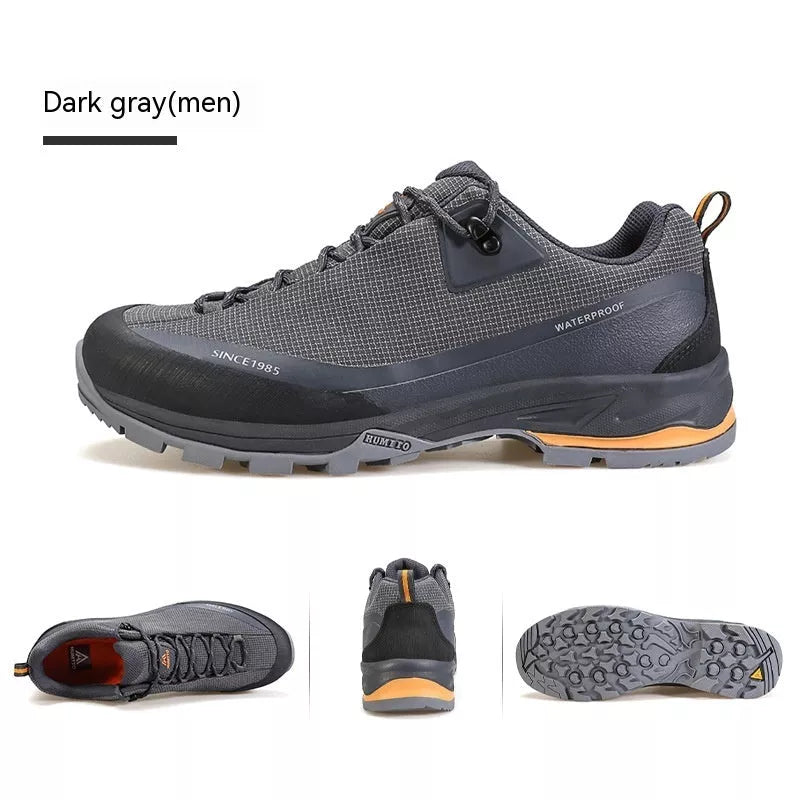 Men's low-top mountain climbing shoes with non-slip rubber sole and breathable leather mesh upper