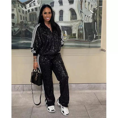 Women's black and silver casual coat trousers suit with sequin details for winter