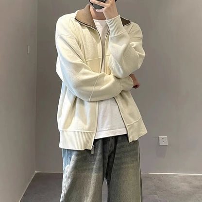 Men's retro contrast colour knitted cardigan sweater in apricot or navy blue, loose fit long sleeve autumn leisure style