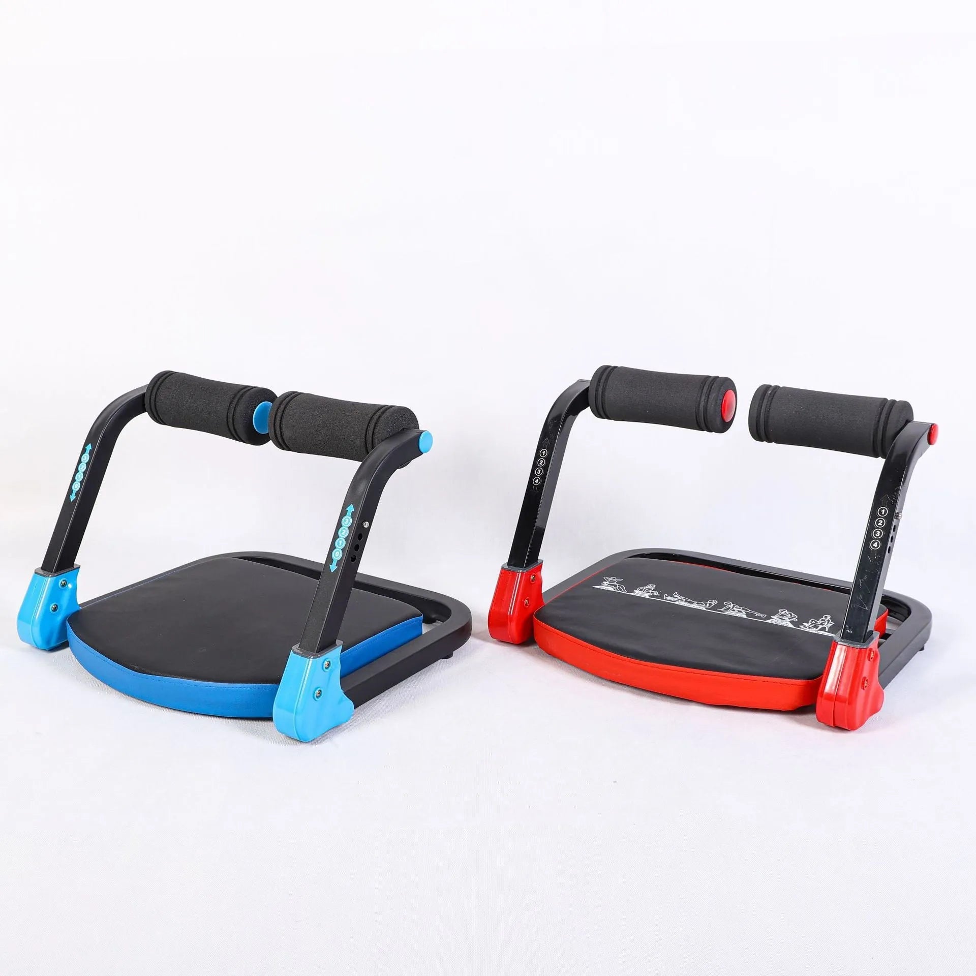 Sky blue and red compact abdominal exercise device with a 23cm diameter on a plain background.