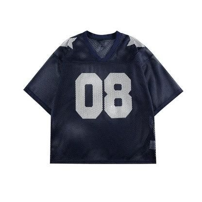 Black loose fit half sleeve shirt with a white letter print, laid flat.