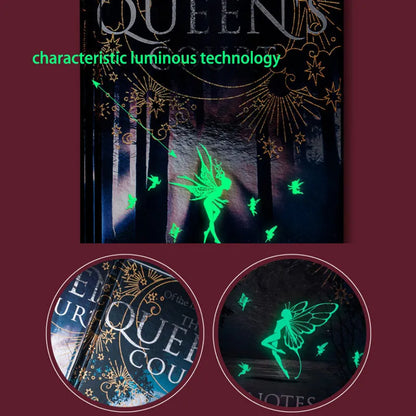 A5 hardcover notebook with luminous fluorescent cover, open to show full-colour illustrated pages, size 12.8 x 18 cm