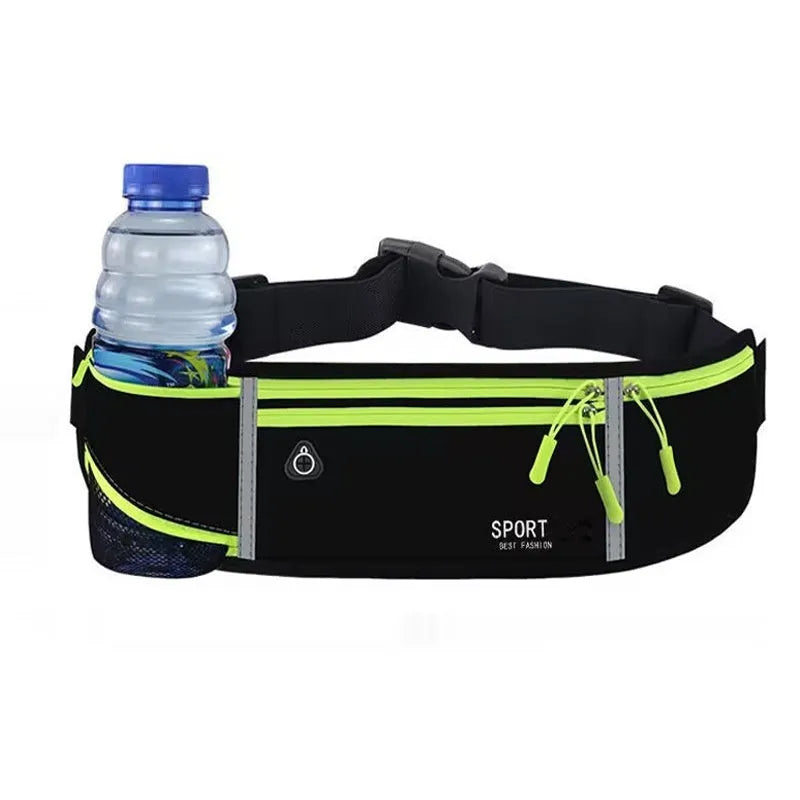 A waterproof Oxford cloth running waist bag in a choice of colours, showing multiple pocket options and anti-theft design.