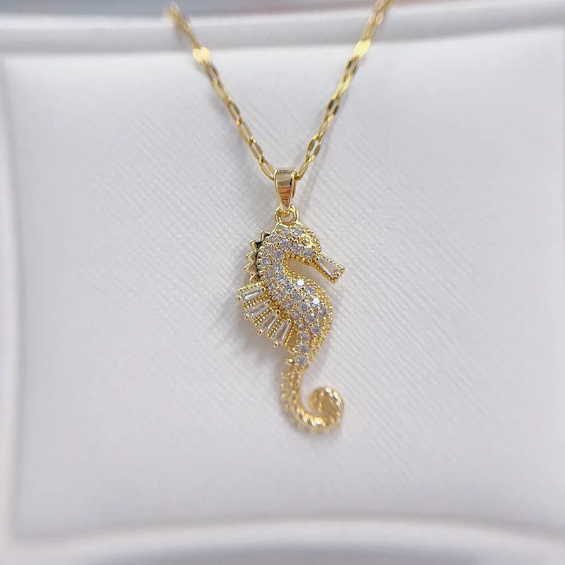 Seahorse Pendant Necklace in Gold Titanium Steel with Twisted Chain and Copper Zircon Charm, 31-40cm Length, Animal Jewellery for Women, European American Style