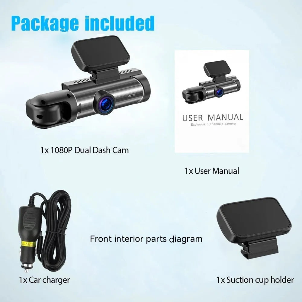 Dual-lens HD driving recorder with 3.5-inch screen showing vehicle footage