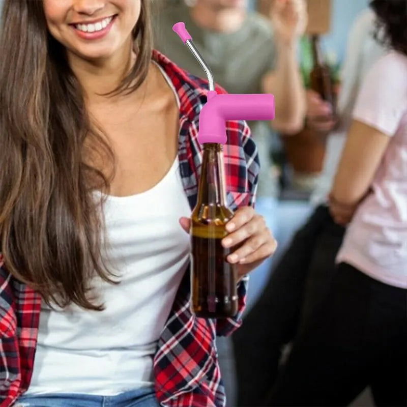 Beer snorkel straw with stainless steel rod, TPE mouthpiece, and vent pipe for faster drinking from bottles