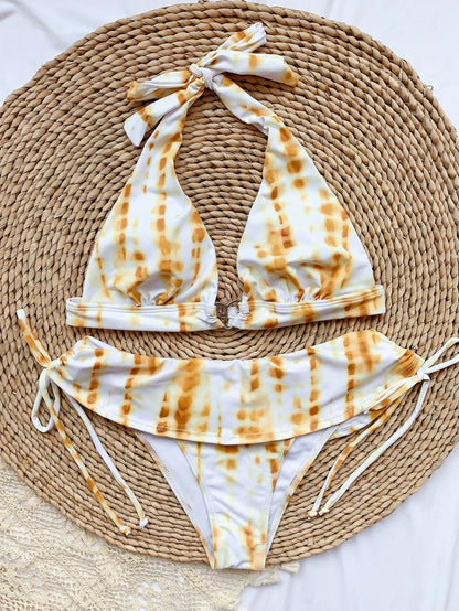 Women's printed bikini swimsuit with ruffle detail in white and yellow