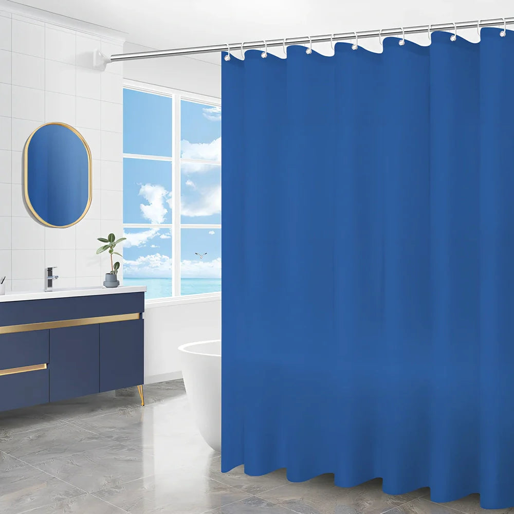 PEVA shower curtain with geometric pattern and stainless steel buttonholes in bathroom setting