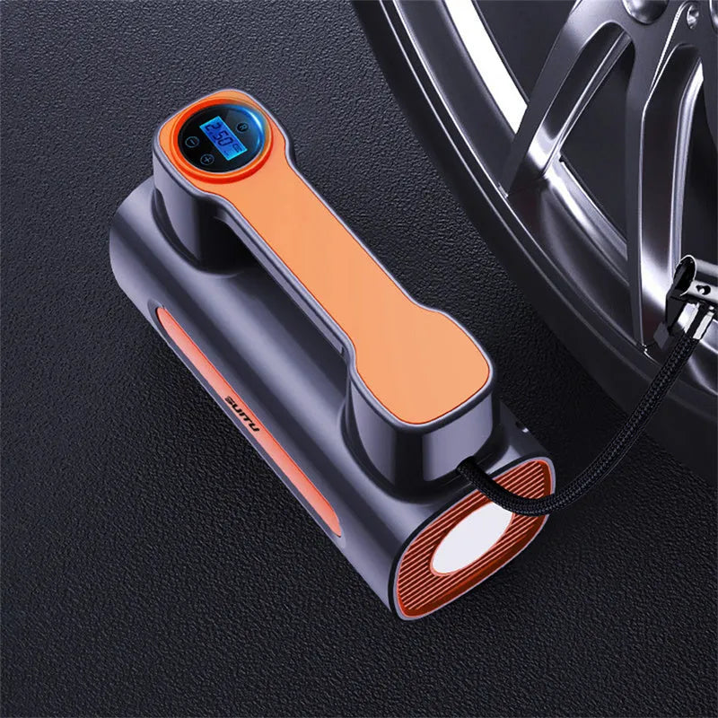 Cordless portable car tyre inflator pump with digital LCD display on black ABS plastic body