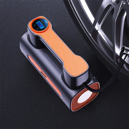 Cordless portable car tyre inflator pump with digital LCD display on black ABS plastic body