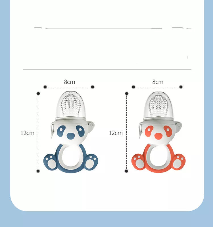 Dual-purpose baby food feeder in blue and red for safe fruit and vegetable introduction
