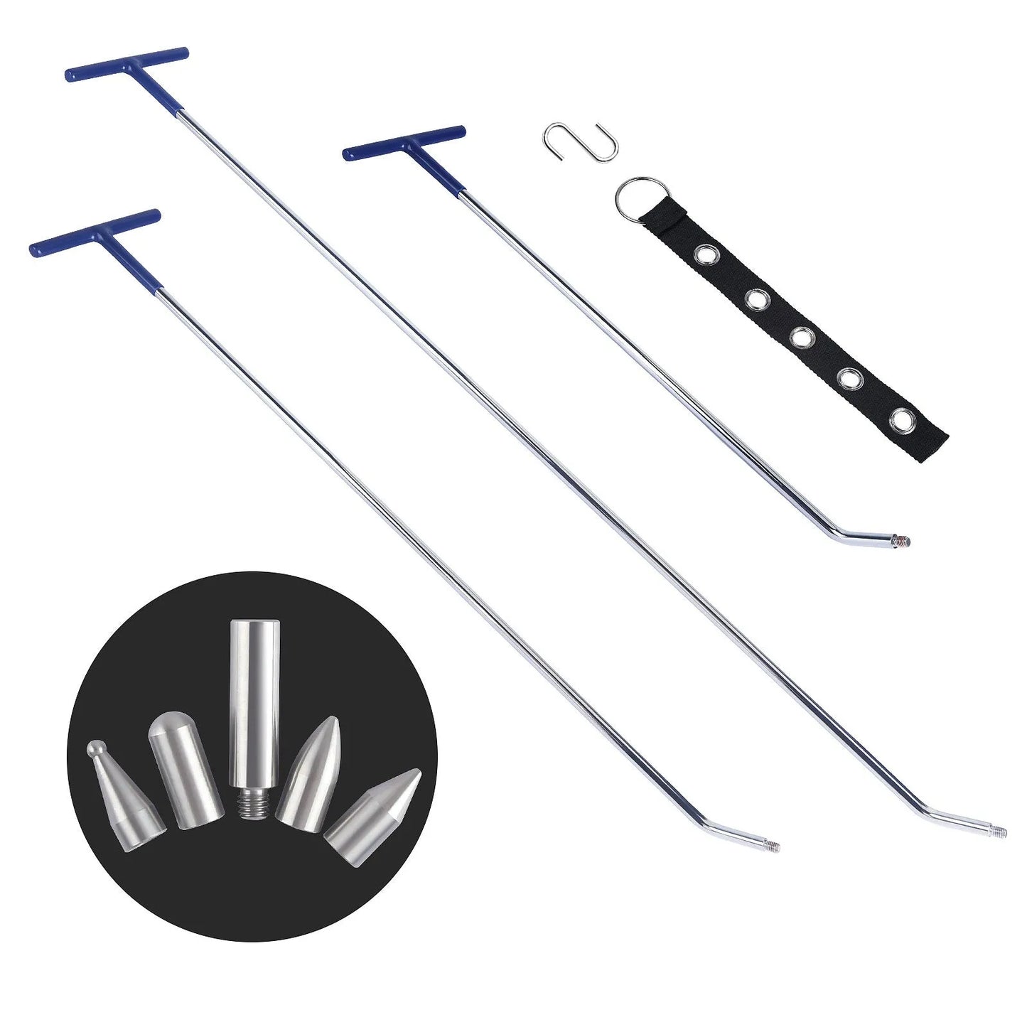 Three alloy steel dent repair crowbars with different hook sizes for automotive bodywork maintenance