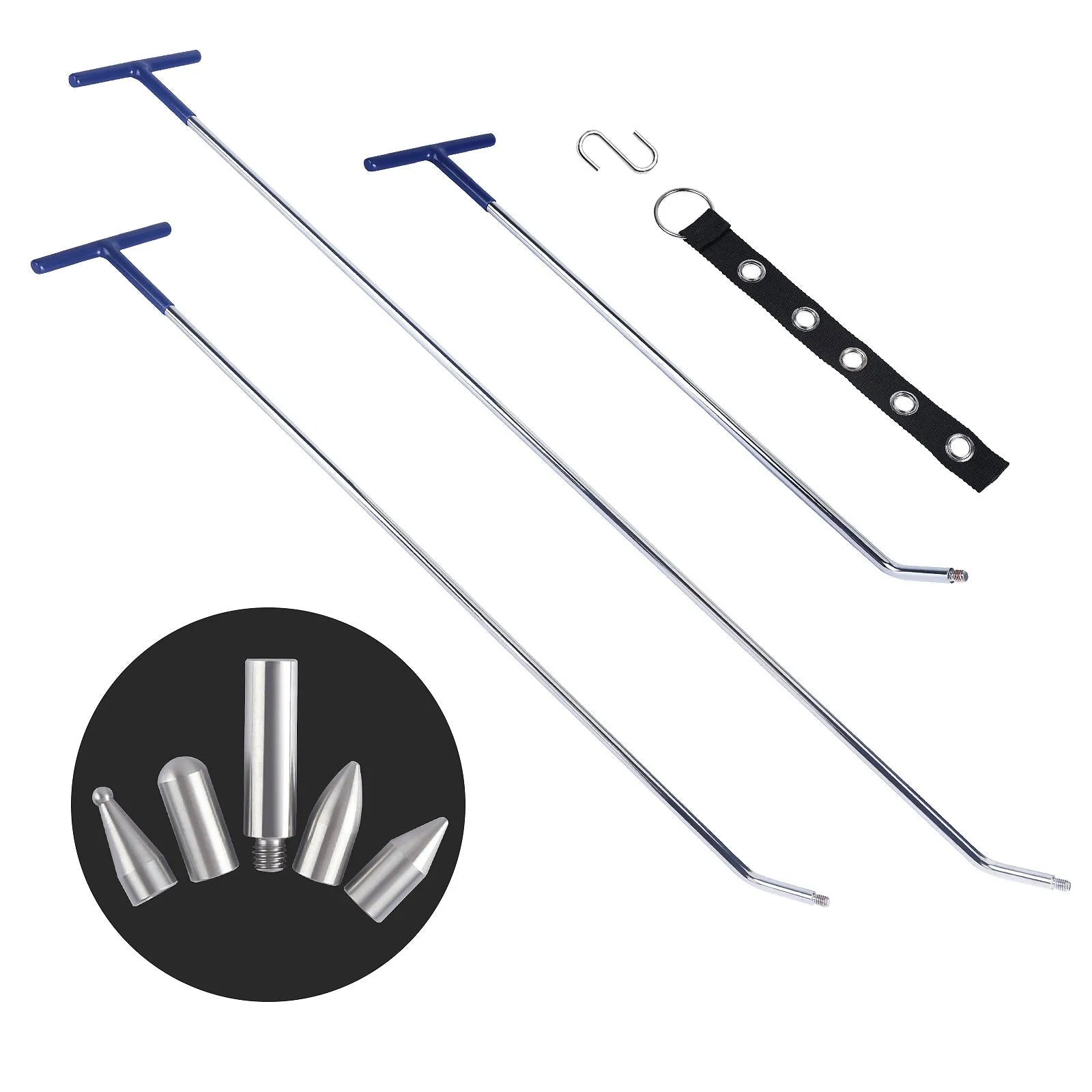 Three alloy steel dent repair crowbars with different hook sizes for automotive bodywork maintenance
