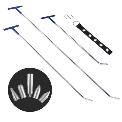 Three alloy steel dent repair crowbars with different hook sizes for automotive bodywork maintenance