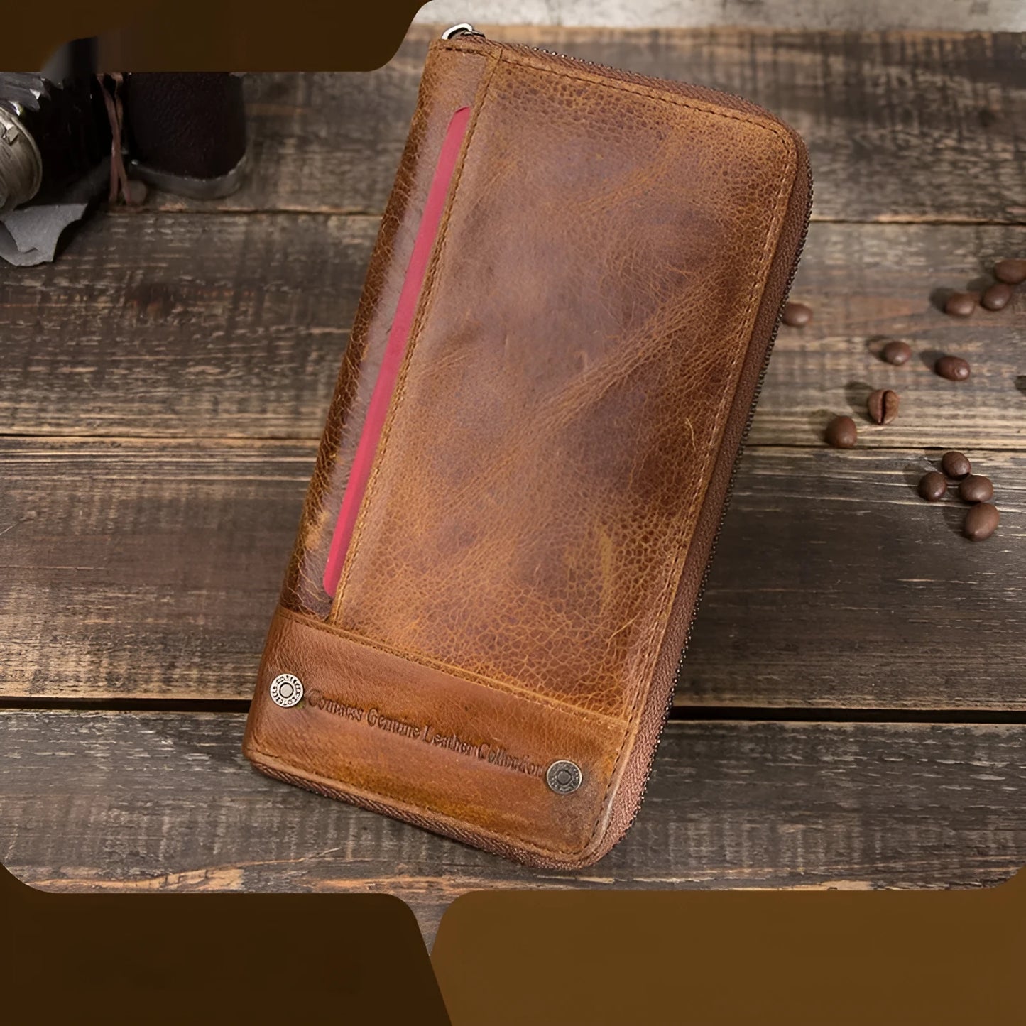 Men's brown genuine cowhide leather long wallet open to show card slots, RFID protection symbol, and zippered coin section.