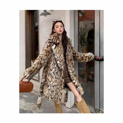 Faux fur coat with 80cm length, fur collar, and street fashion pockets in artificial fur fabric