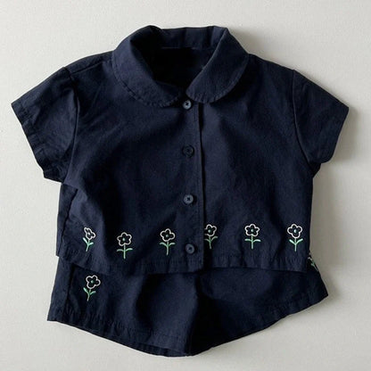 Children's floral shorts set in pink with short sleeves and matching shorts