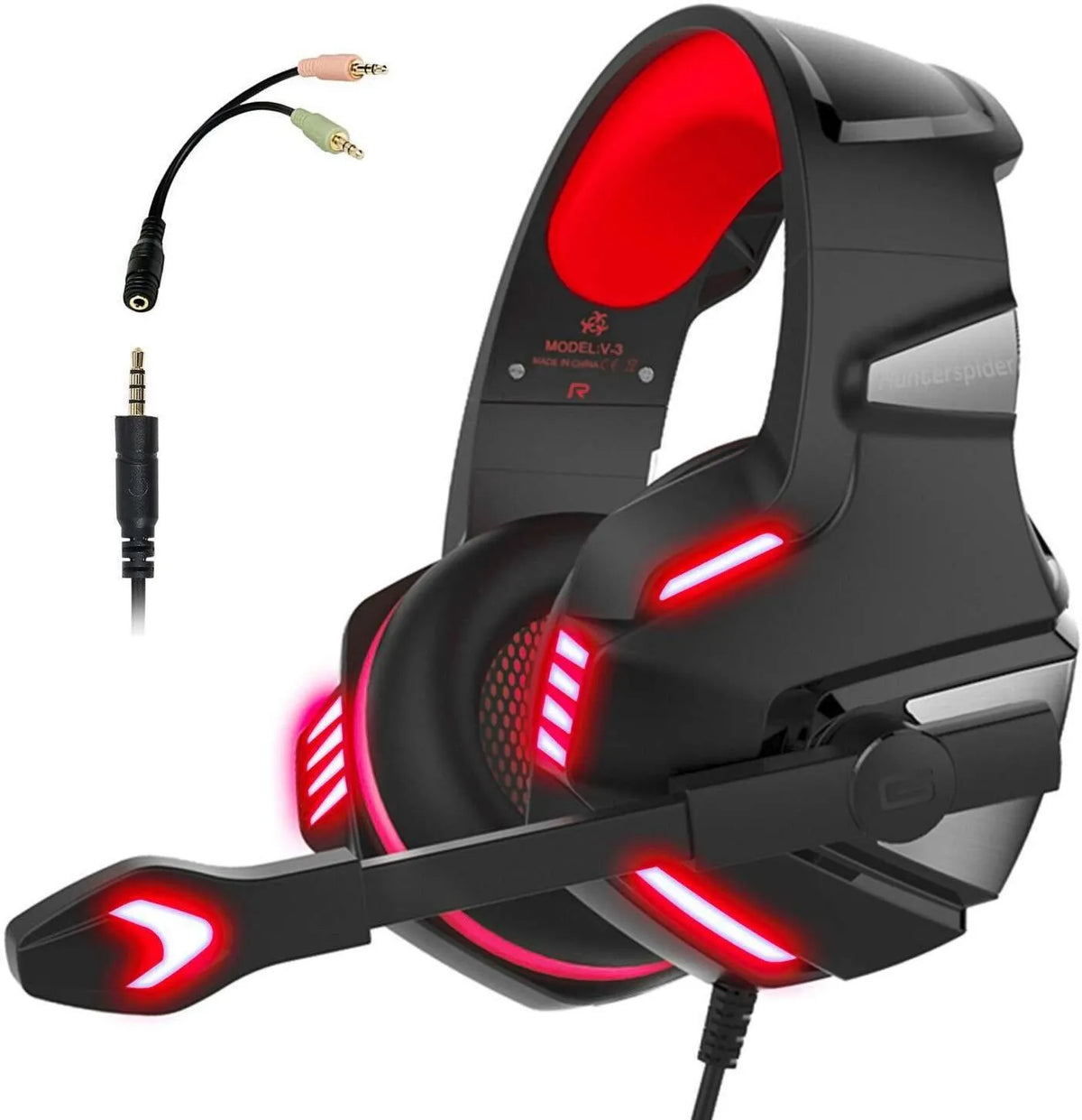 Inzhuo V3 wired over-ear gaming headset with 50mm speakers, 3.5mm plug, braided cable, black blue and black red colours