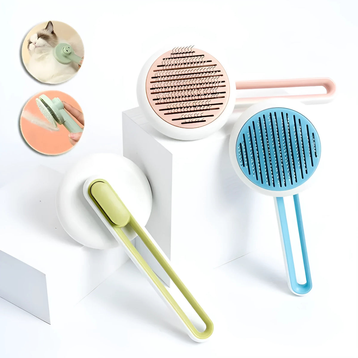Automatic pet grooming comb with stainless steel pins and hair release button in candy colours