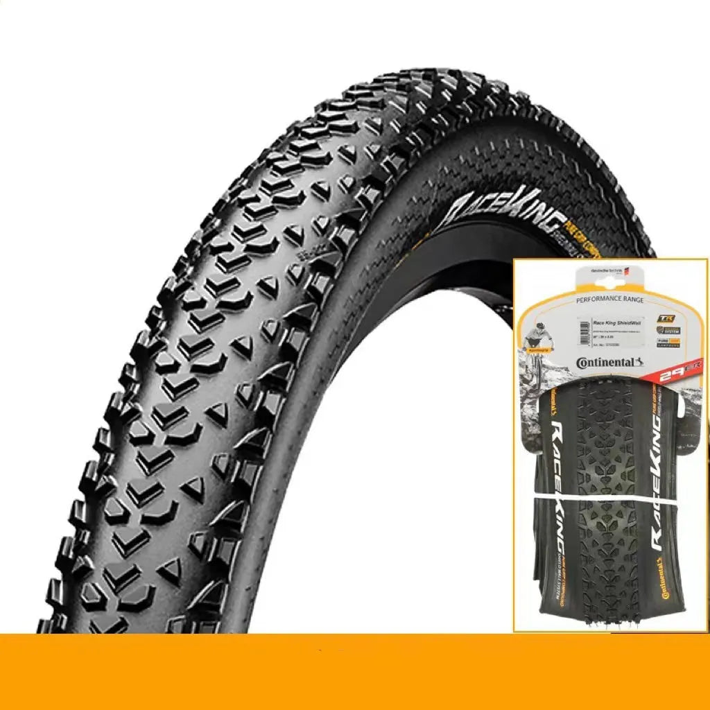 Mountain bike folding outer tyre with yellow sidewall, showing tread pattern and size label