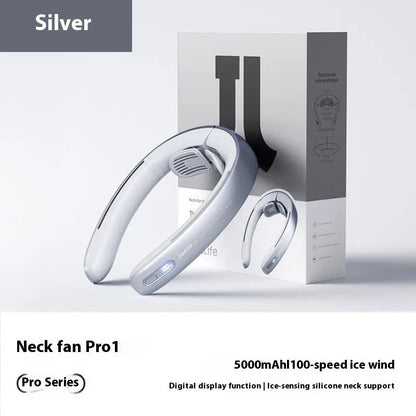 Silver grey hanging neck portable fan with USB cable and no-blade design