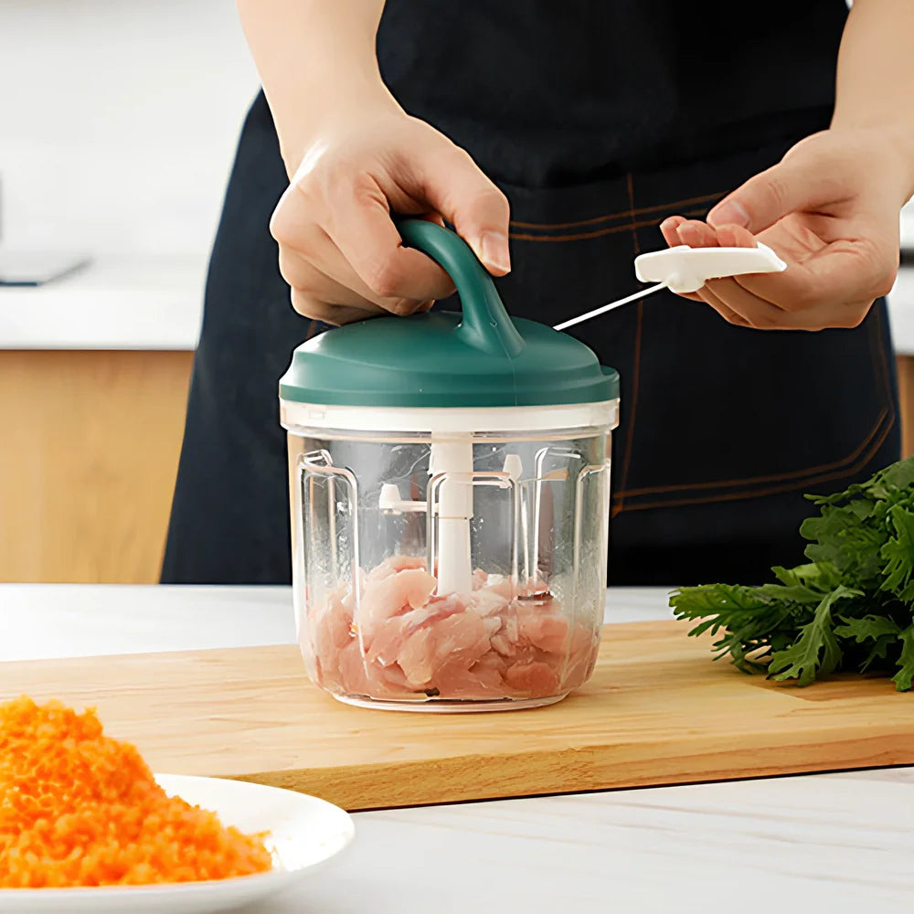 Gray household kitchen vegetable chopper with 200ml capacity and stainless steel blades measuring 10.5cm × 9.5cm