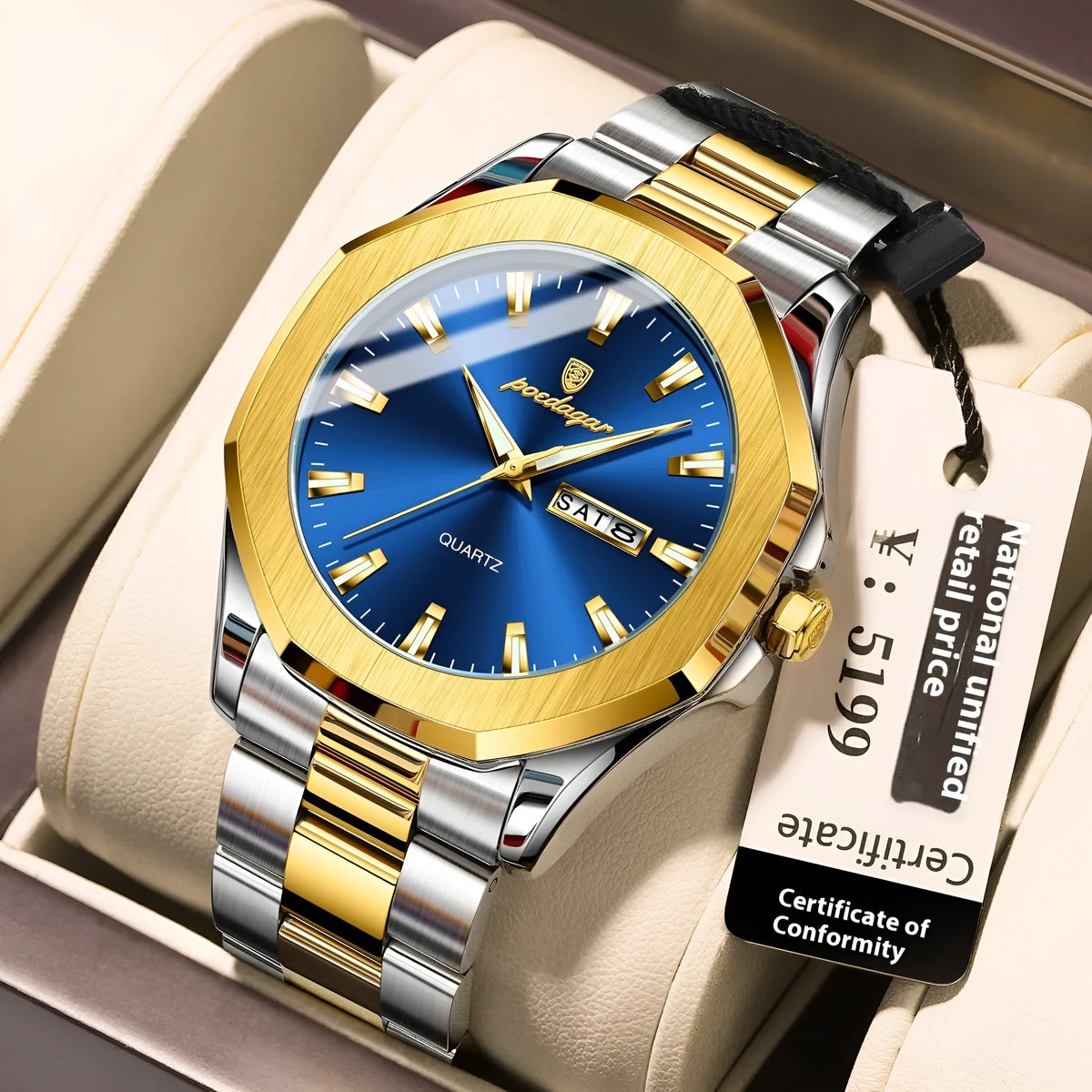 Men's steel strap quartz business watch with 9mm thickness in multiple colour options