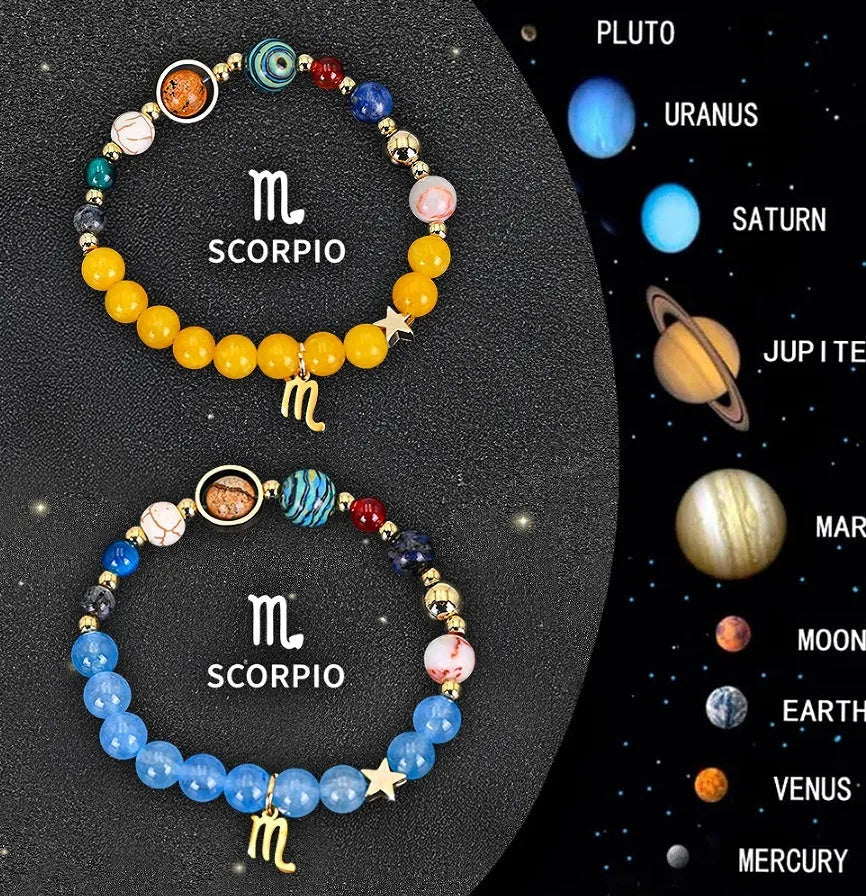 Twelve Zodiac Sign beaded bracelet set with natural stone beads on adjustable cord, showing two bracelets for mix-and-match styling.