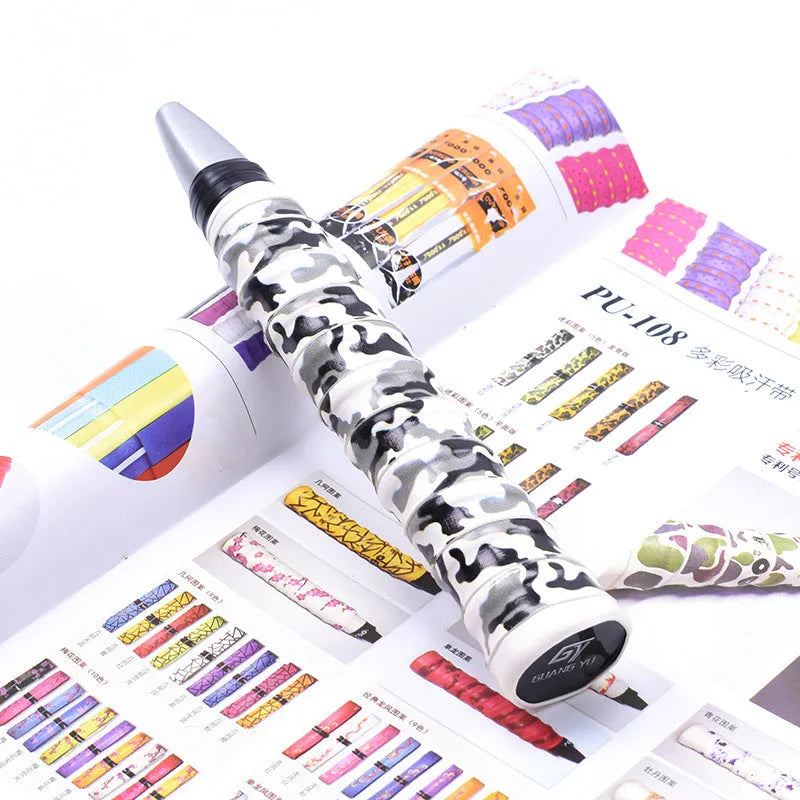 Roll of PU camouflage print grip tape for badminton racket, fishing rod and table tennis bat handles.