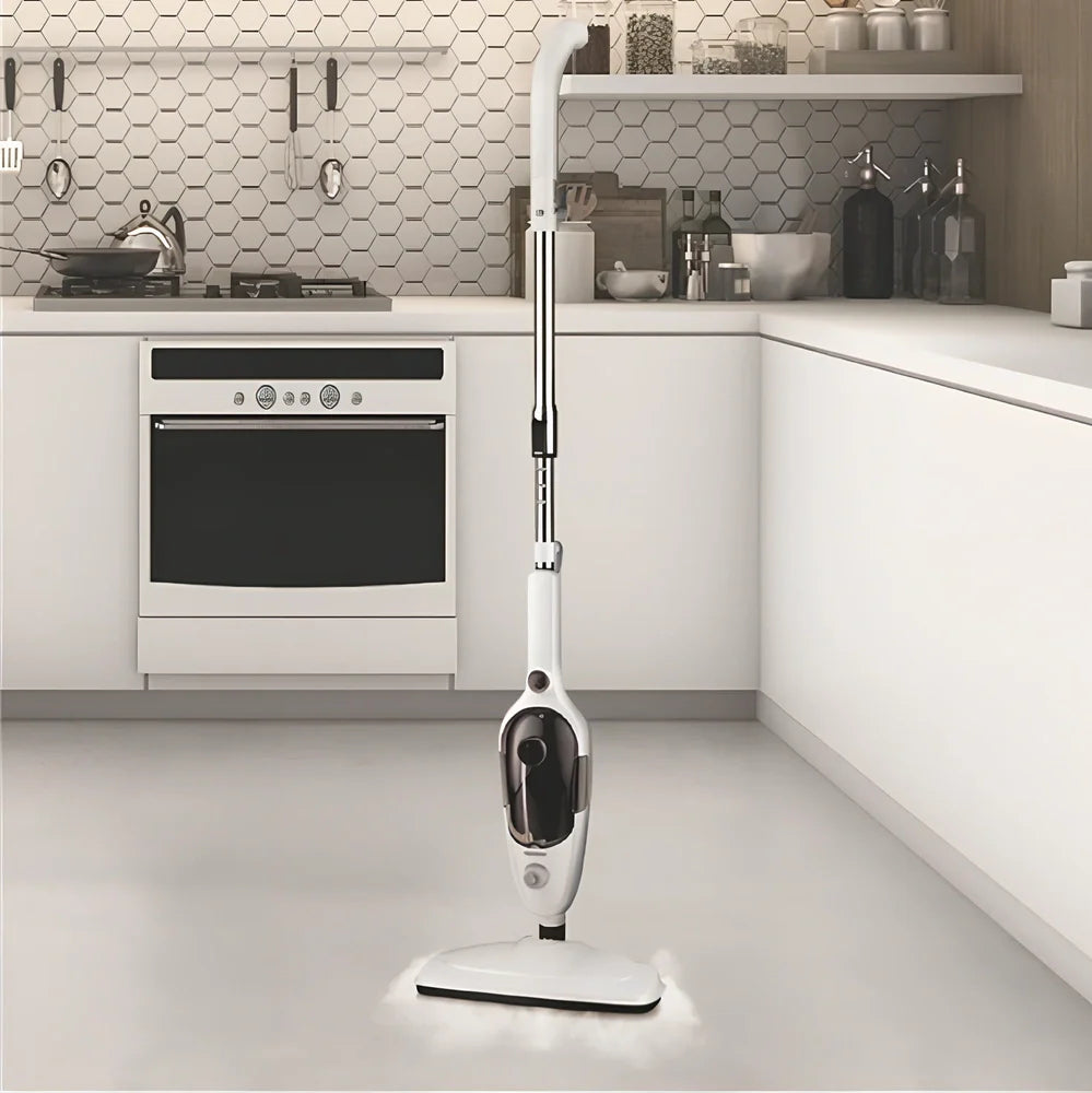 White steam mop with rectangular 22x29cm cleaning head and 120cm handle
