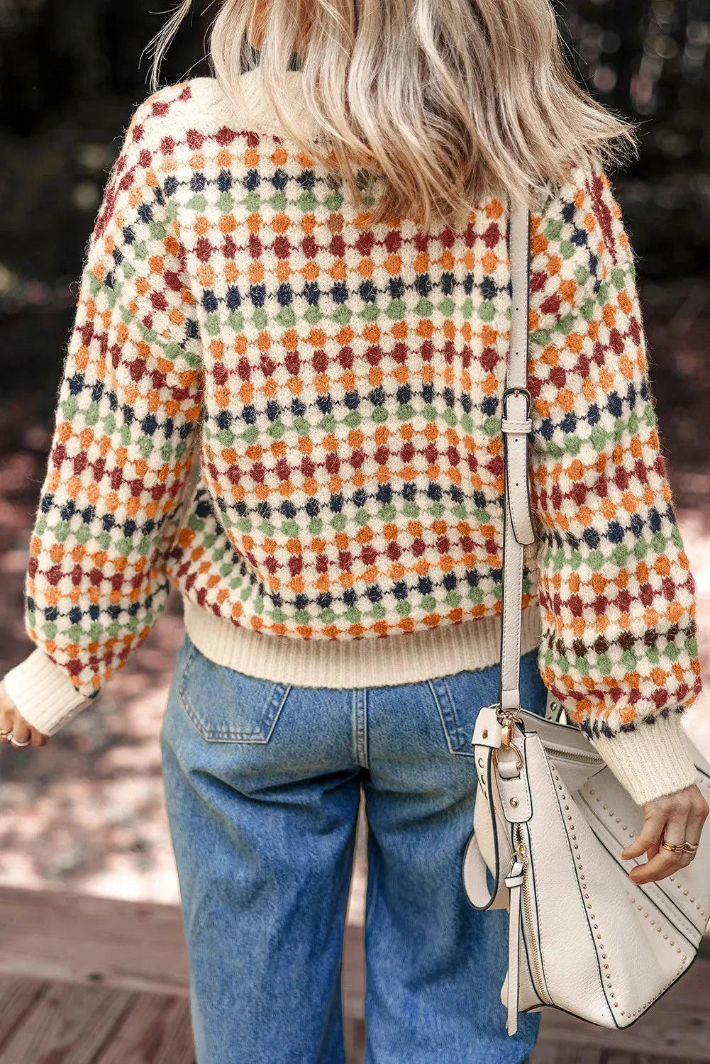 Multicolour dotty pattern knit cardigan with button front and V neck, sizes S to XL