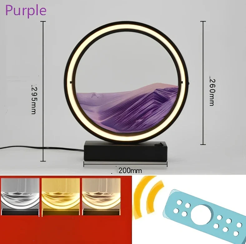 Black and white quicksand table lamp, 295mm tall with LED lights and remote control, coloured sand in glass chamber