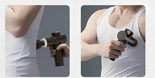 Black portable fascia massage gun with USB charging port and compact 23cm design for muscle recovery