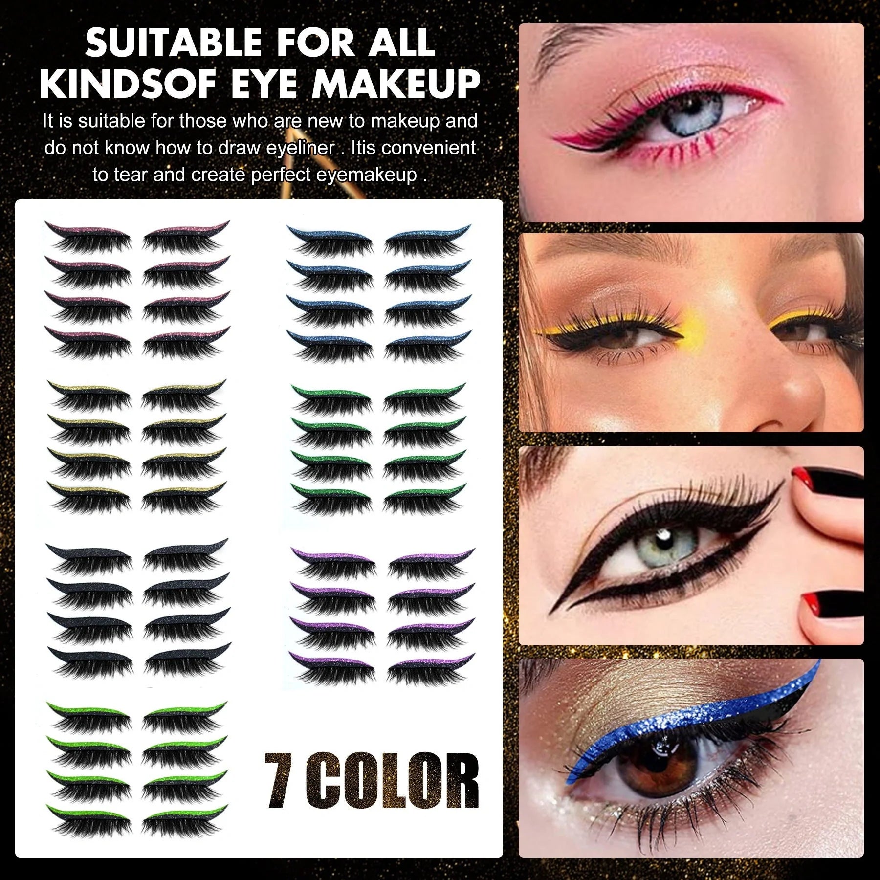 Glitter eyeliner stick and false eyelash set in multiple colors for eye makeup enhancement