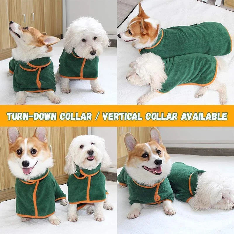 Absorbent dog bathrobe made of soft microfiber material with adjustable waist strap for a custom fit