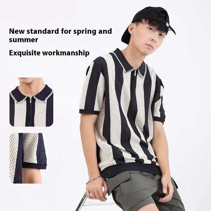Men's short sleeve ice silk sweater with zipper decoration in striped pattern, available in multiple colours and sizes
