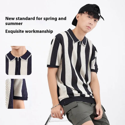 Men's short sleeve ice silk sweater with zipper decoration in striped pattern, available in multiple colours and sizes